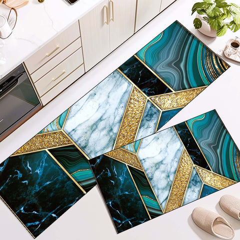 Anti Skid Non-Slip Door Mat - Geometric Green & Gold Marble Rug for Kitchen Floor(Combo Set of 2)