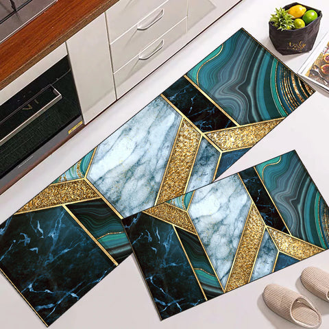 Anti Skid Non-Slip Door Mat - Geometric Green & Gold Marble Rug for Kitchen Floor(Combo Set of 2)