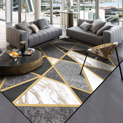 Anti Skid Rugs Heavy Geometric Golden Striped & Marbles Non-Slip Carpet for Living Room Bedroom Dining Home Office