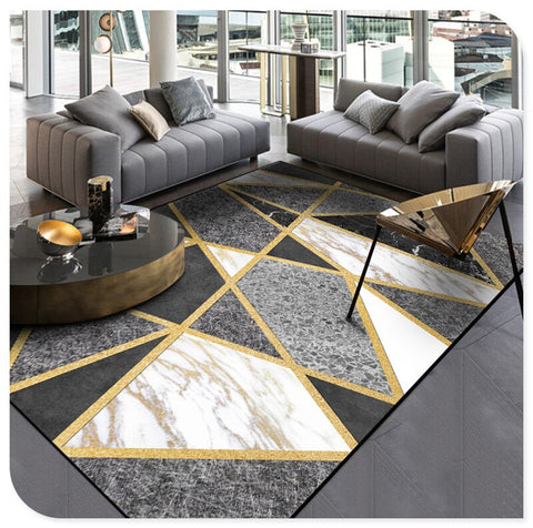 Anti Skid Rugs Heavy Geometric Golden Striped & Marbles Non-Slip Carpet for Living Room Bedroom Dining Home Office