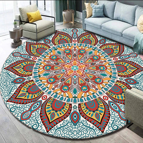 Anti Skid Rugs Non-Slip Round Colorful Mehendi Rangoli Pattern Heavy Carpet