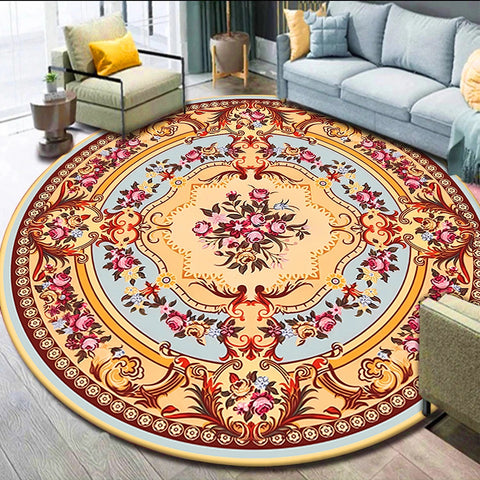 Anti Skid Rugs Non-Slip Round Heavenly Floral Rangoli Pattern Heavy Carpet