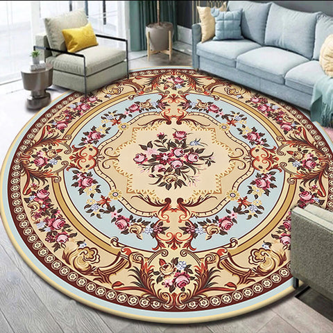 Anti Skid Rugs Non-Slip Round Heavenly Floral Rangoli Pattern Heavy Carpet