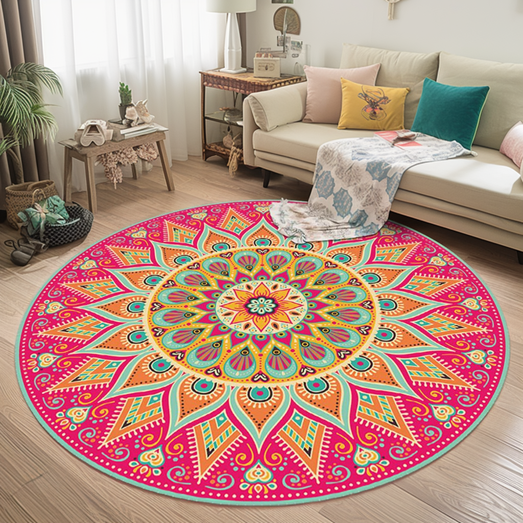 Anti Skid Rugs Non-Slip Round Heavenly Sun Rangoli Pattern Heavy Carpet