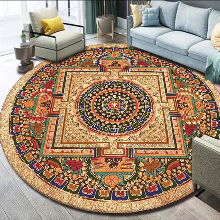 Anti Skid Rugs Non-Slip Round Persian Star Ethnic Pattern Heavy Carpet for Living Room Bedroom Dining Home Office Area Rug Carpet