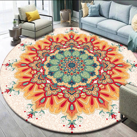 Anti Skid Rugs Non-Slip Round Radiant Diya Rangoli Pattern Heavy Carpet