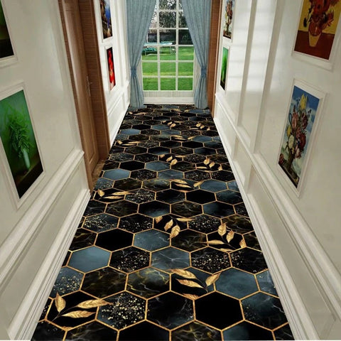 Anti Skid Runners - Geometric Golden Leaves - Non-Slip Rugs for Hallway, Bedside, Corridor