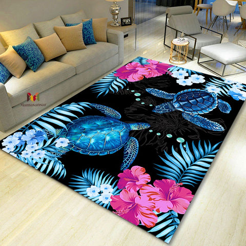 Heavy Digital Print Aqua Turtle Living Room Bedroom Dining Home Office Area Rug