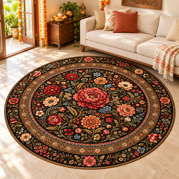 Anti Skid Non-Slip Black Ornamental Floral Medallion Round Rug – Luxury Living Room Carpet — festive room styling