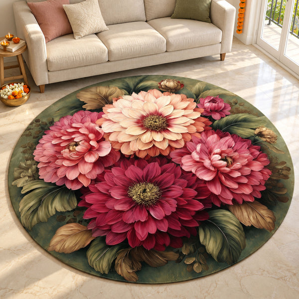 Anti Skid Rugs Non-Slip Elegant Coral & Peach Dahlia Round Rug – Soft Floral Accent for Modern Homes — festive room styling