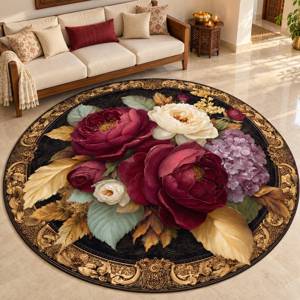 Anti Skid Rugs Non-Slip Premium Roses Round Rug – Crimson Bloom & Golden Pearl Floral Carpet for Modern Homes — festive room styling
