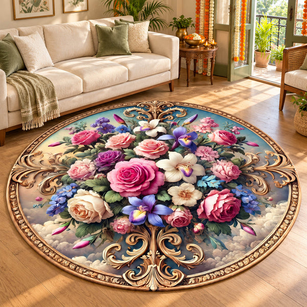 Anti Skid Rugs Non-Slip Round Enchanted Floral Roses Heavy Carpet for Living Room — festive room styling