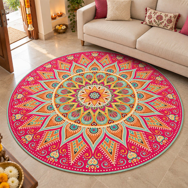 Anti Skid Rugs Non-Slip Round Heavenly Sun Rangoli Pattern Heavy Carpet — festive room styling
