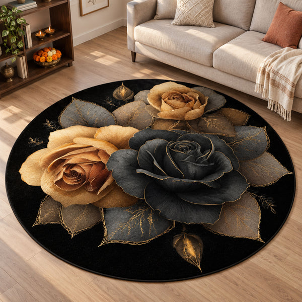 Anti Skid Rugs Non-Slip Luxury Dark Roses Round Rug – Black, Gold & Charcoal Floral Carpet for Modern Homes — festive room styling