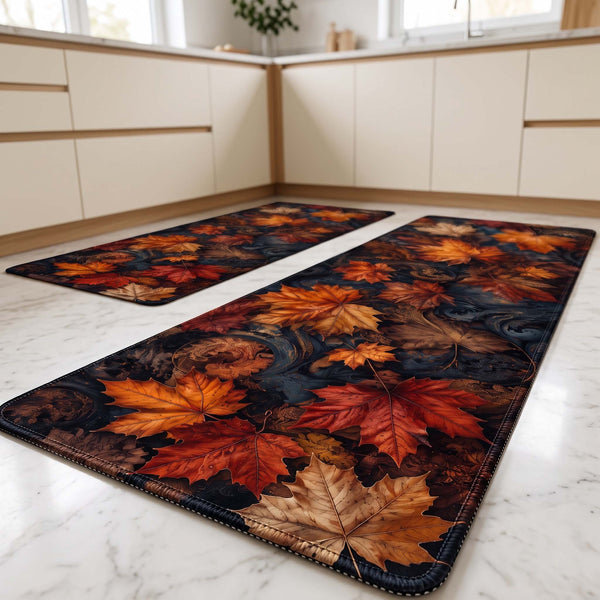 Midnight Autumn Maple designer kitchen mat combo set of two with rich orange leaves
