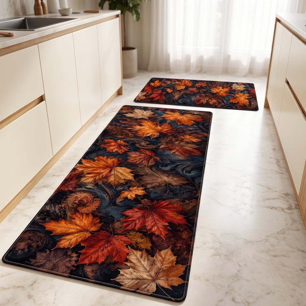 Midnight Autumn Maple designer kitchen mat combo set of two in a modern kitchen