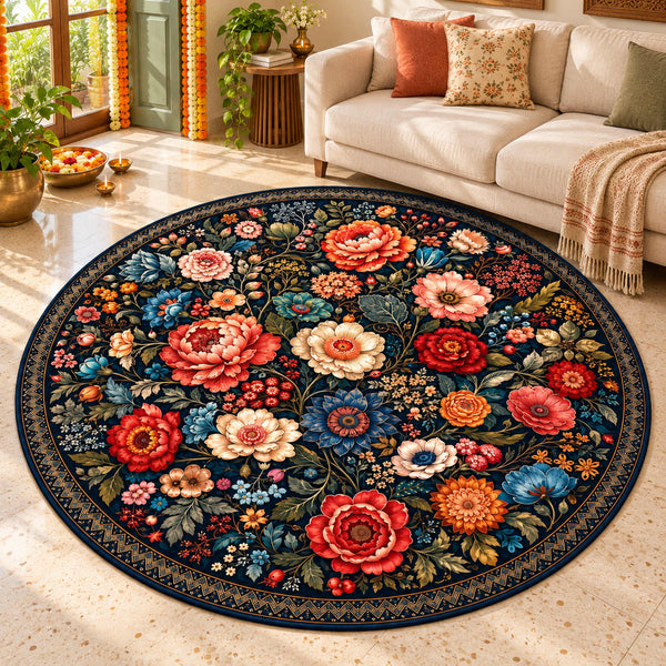 Anti Skid Non-Slip Midnight Botanical Garden Round Rug – Colorful Floral Living Room Carpet — festive room styling