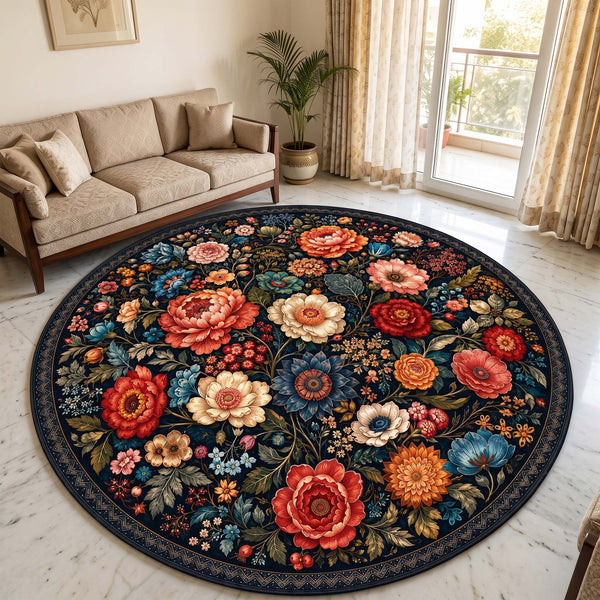 Midnight Botanical Garden anti-skid round rug alternate living room view
