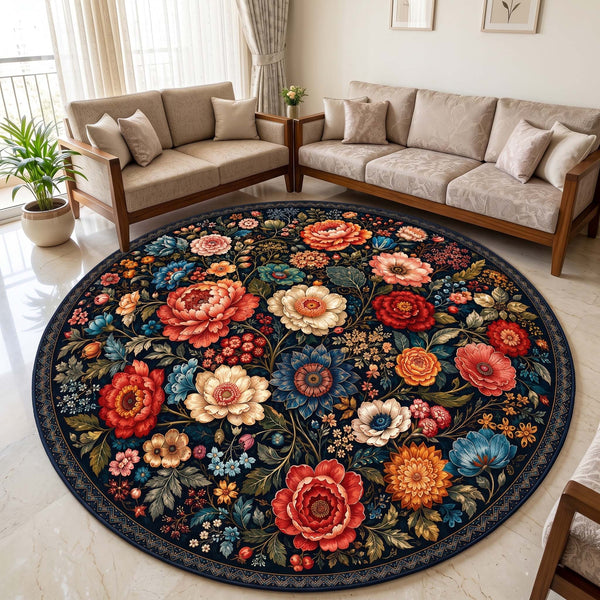 Midnight Botanical Garden anti-skid round rug full living room view
