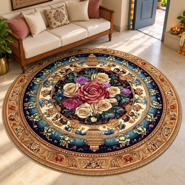 Anti Skid Rugs Non-Slip Round Persian Floral Ethnic Pattern Heavy Carpet for Living Room Bedroom Dining Home Office — festive room styling