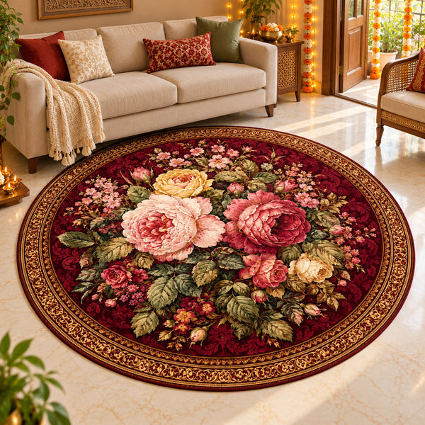 Anti Skid Non-Slip Royal Burgundy Rose Bouquet Round Rug – Luxury Floral Living Room Carpet — festive room styling
