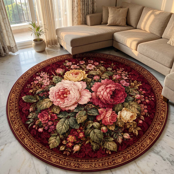 Royal Burgundy Rose Bouquet anti-skid round rug alternate living room view