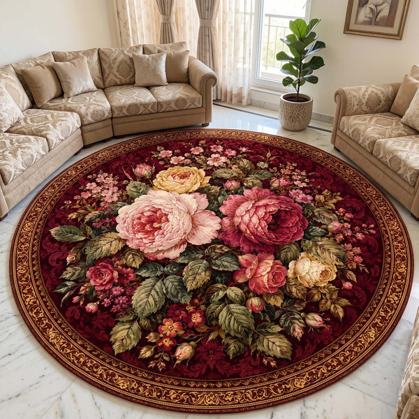 Royal Burgundy Rose Bouquet anti-skid round rug full living room view