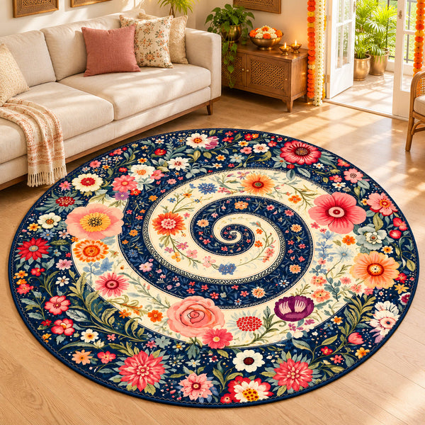 Anti Skid Non-Slip Whimsical Navy Floral Spiral Round Rug – Colorful Living Room Carpet — festive room styling