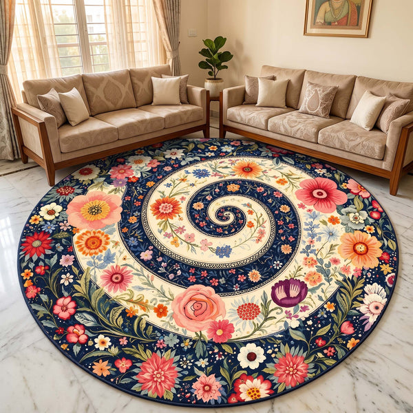 Whimsical Navy Floral Spiral anti-skid round rug in a living room